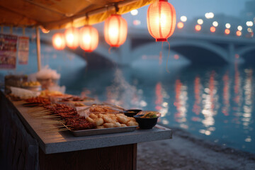 Fototapeta premium Street food night market lantern bridge river skewers steam mist bokeh Asia cuisine with warm glow and inviting aroma by water