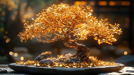 Ornate golden bonsai tree on a stone base with surrounding rocks and bokeh image photo