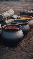 Fototapeta premium Traditional clay pot stew rustic earthen pot cuisine street food stall simmering soup spicy broth cultural cooking outdoor fire wood logs warm steam asia vibes with inviting aroma