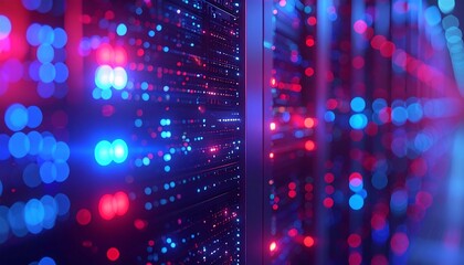 Data Center Illumination: A mesmerizing view inside a data center, illuminated by vibrant blue and red lights, symbolizing the intricate network of digital information processing and data storage.