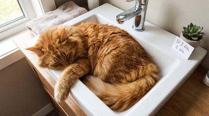 Orange cat sleeping in a kitchen sink by the window  