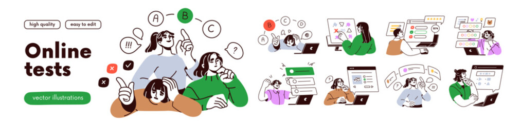 People passing online tests set. Choosing right and wrong answers to questions on laptop screen, computer monitor. Students at remote examination. Flat vector illustration isolated on white background © Good Studio