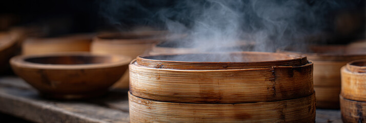 Fototapeta premium Steaming bamboo steamer rustic kitchen hot vapor wooden texture culinary craft traditional cooking Asian cuisine street food warm ambiance closeup detail evoke comfort and heritage cozy market