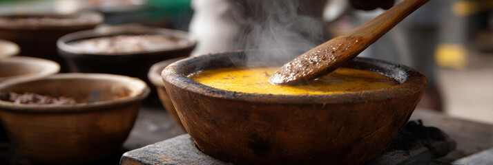 Steaming spicy curry in rustic clay pot wooden spoon stirring street food stall ambiance warm aroma rising vibrant yellow gravy authentic asian cuisine candid vendor scene cozy atmosphere