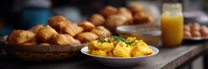 Street breakfast local food stall Asia sunny morning fried dough scrambled egg fresh herb wooden table rustic basket warm light energize appetite at open market vendor