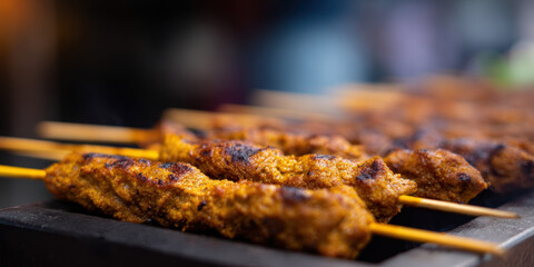 Grilled satay skewer street food smoky barbecue spicy marinade charcoal grill meat skewer golden crust savory snack food stall night market with warm aroma and lively vibe