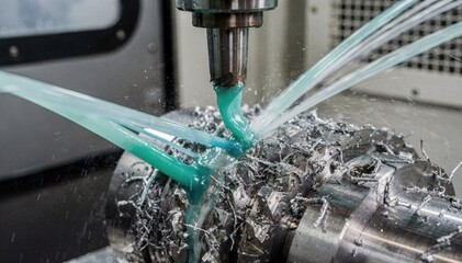 Medium shot of heavy coolant application during thread milling in hard materials emphasizing coolant flow tool lubrication and chip evacuation for enhanced cutting efficiency.
