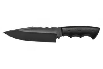 Black knife with dark handle sharp blade isolated on a transparent background