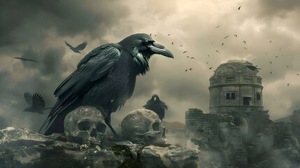 Obraz premium Mysterious fantasy scene of ravens and skulls amidst ancient ruins