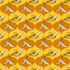 Seamless banana peel pattern on yellow geometric background. Hand-drawn stylized fruit with expressive uneven contour, modern surface design for packaging, textiles, branding and digital products.