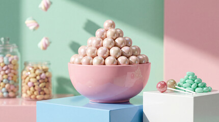 Colorful candy assortment in pastel setting for sweet shop display