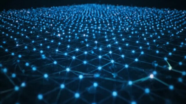 Abstract network of glowing blue dots connected by lines, representing data, technology, and digital connection