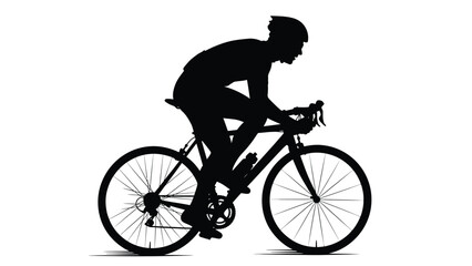 Obraz premium Silhouette of a competitive cyclist wearing a helmet riding a racing bicycle in profile view