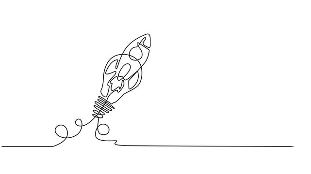 Animated self drawing of continuous line draw smart bright light bulb take off flying to the space logo label, Full length one line animation illustration. Rocket bulb company icon label concept. pro