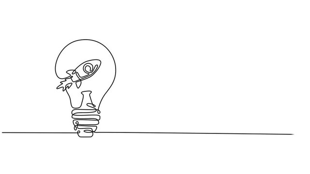 Animated self drawing of continuous line draw smart bright light bulb take off flying to the space logo label, Full length one line animation illustration. Rocket bulb company icon label concept. pro
