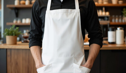 A person wearing white apron in a cafe.