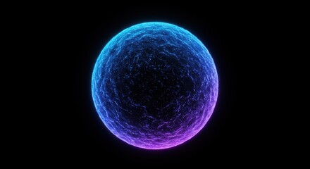 Glowing, textured sphere radiates vibrant blue and purple light against a stark black background