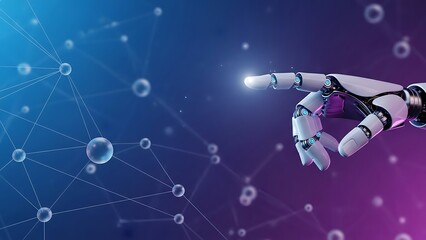 Robotic hand extending to connect with abstract digital network Artificial intelligence and futuristic technology concept touching glowing light