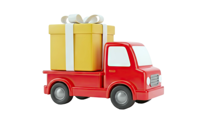 Red delivery truck carrying a large yellow gift box