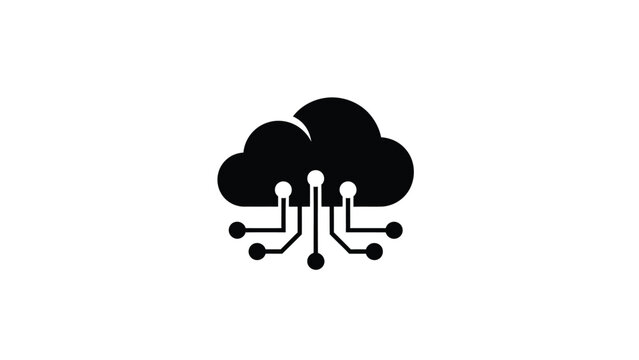 Black and white icon representing secure cloud computing infrastructure connection and data exchange concepts
