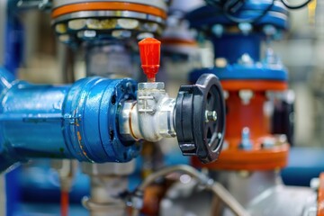 Close up of a valve regulating flow within a network of pipes in an industrial setting