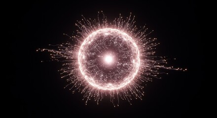 Glowing particle sphere emits luminous streams against a dark background