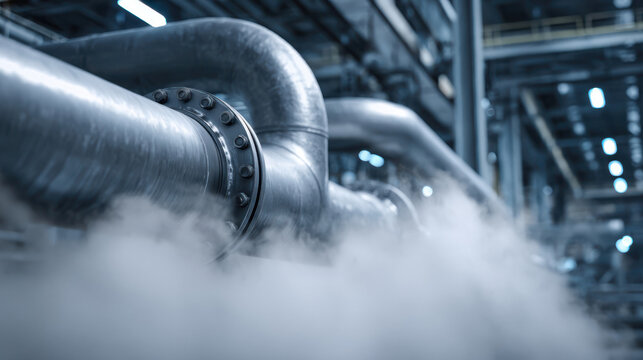 Large metal pipes release steam in an industrial facility during daytime operations