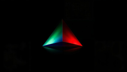 Geometric prism with vibrant red and green light reflections on black background