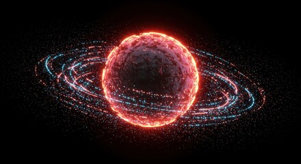 Fiery celestial body orbited by glowing streams of energy particles against a dark backdrop
