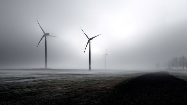 Forest lake in a morning fog. Wind farm, wind turbine generators. Clear blue sky, sunshine. Autumn landscape. Nature, ecology, alternative and renewable energy - Powered by Adobe
