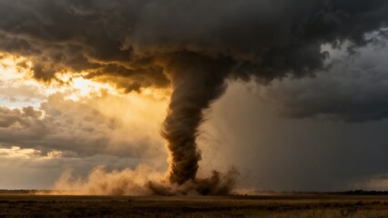 A powerful tornado touches down over an open field during a dramatic sunset, with dark storm clouds and swirling debris visible.
