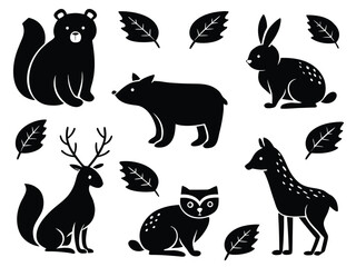 Fototapeta premium Woodland Animals Silhouette With Leaves squirrel bear