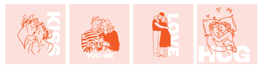 Hand drawn romantic couples celebrating love and relationships for valentines day illustrations and designs