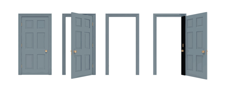 Doors set, front view opened and closed door, realistic isolated vector illustration, perfect for architecture, interior design, real estate, home projects, and modern vector graphics.