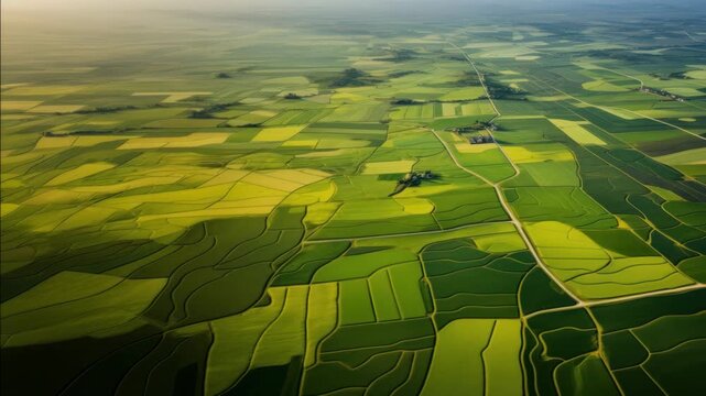 Aerial view of vast, patchwork farmland with vibrant green fields. Captured from above, this video concept showcases nature's geometric beauty. Live desktop wallpaper.