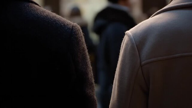 Diverse group of people walking in an urban environment wearing coats