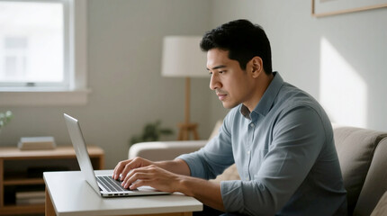 Adult Hispanic professional deeply focused on productive deep work typing on a laptop in quiet sunlit home setting embodying the essence of modern flexible work culture and efficiency