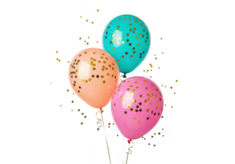 Three colorful confetti filled balloons floating against a black background
