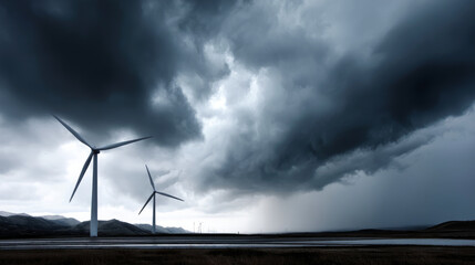 Dark shelf cloud preceding a severe thunderstorm at a wind turbine park. Beautiful thunderstorm black clouds and clouds hanging over the ground.