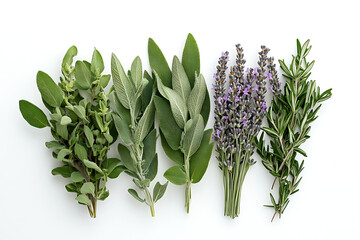 Fresh Culinary Herbs Selection Isolated on White Background,  Assorted Green Herbs and Lavender Sprigs on White Background.