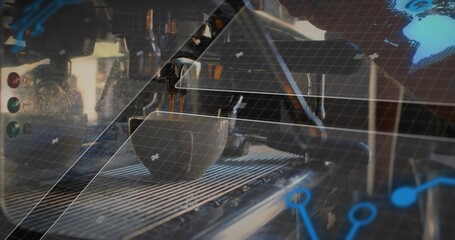 Pouring espresso machine sending dark crema into ceramic cup at coffee bar, with blue overlays