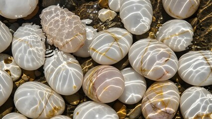Tiger cowrie seashells on sand.