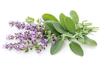 Fresh Culinary Herbs Selection Isolated on White Background,  Assorted Green Herbs and Lavender Sprigs on White Background.
