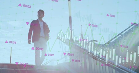 Walking man in dark blazer, shirt ascending outdoor metal stairs with shoulder bag, chart overlays