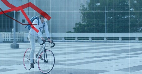 Riding Asian man pedaling road bike across plaza, shirt, blue backpack, grid and red arrow overlay