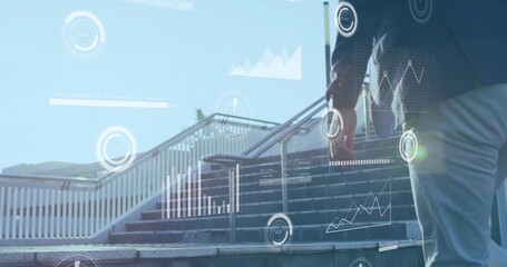 Walking Asian man in blazer climbing stairs holding bag with data overlay, urban plaza, copy space