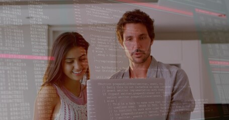 Smiling woman in white sleeveless top, man in grey blazer studying laptop code in kitchen, overlay