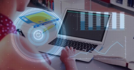 Typing teenage girl wearing red polka-dot top using silver laptop at desk, HUD overlays, copy space