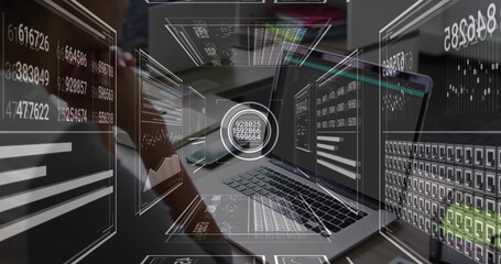 Showing open laptop with hologram data overlay at desk, screen, team in business collaborating