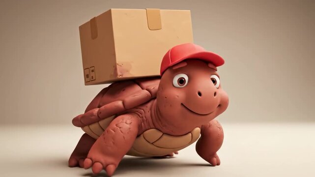 Cartoon Turtle Delivering Package with Various Expressions.